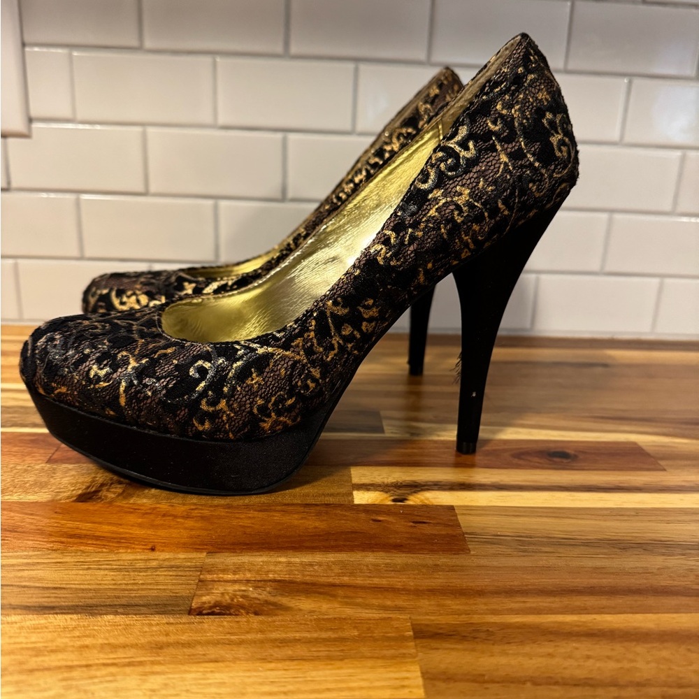 Zigi Soho Black and Gold Lace Heels